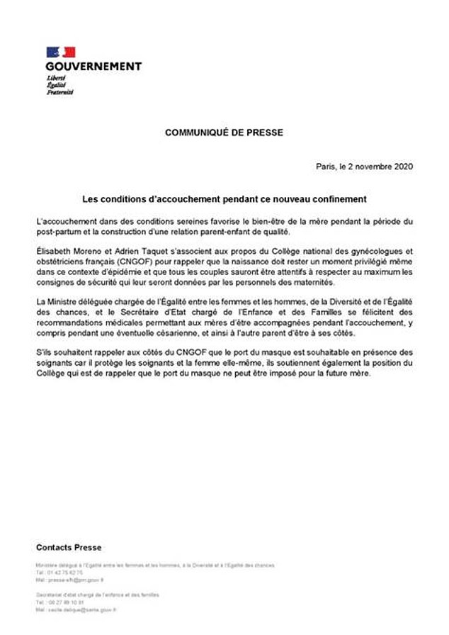 A copy of the press release drafted by the Minister Delegate for Gender Equality, Diversity and Equal Opportunities, Elisabeth Moreno, and the Secretary of State for Child Protection Adrien Taquet and which was leaked by an anonymous source