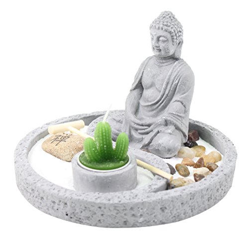 Tabletop Buddha Zen Garden Rock Rake Sand Cactus Candle Holder Home Decor Gift