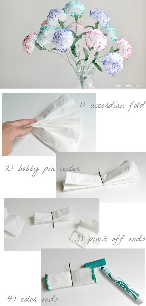 DIY Tissue Paper Flower Bouquet. Use Kleenex and markers to make a flower bouquet that will never wilt for your great mom this Mother