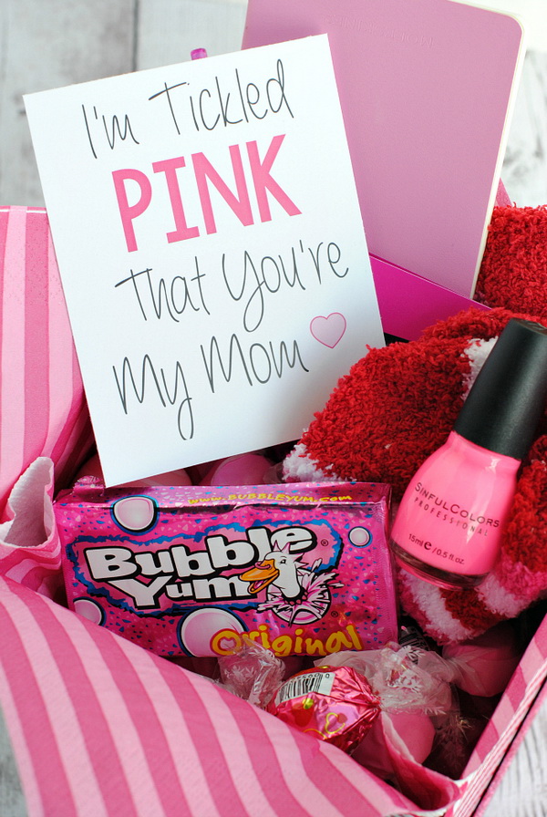 Tickled Pink Gift Basket. If your mom is a pink lover, nothing will be better than this tickled pink gift basket for her this holiday!