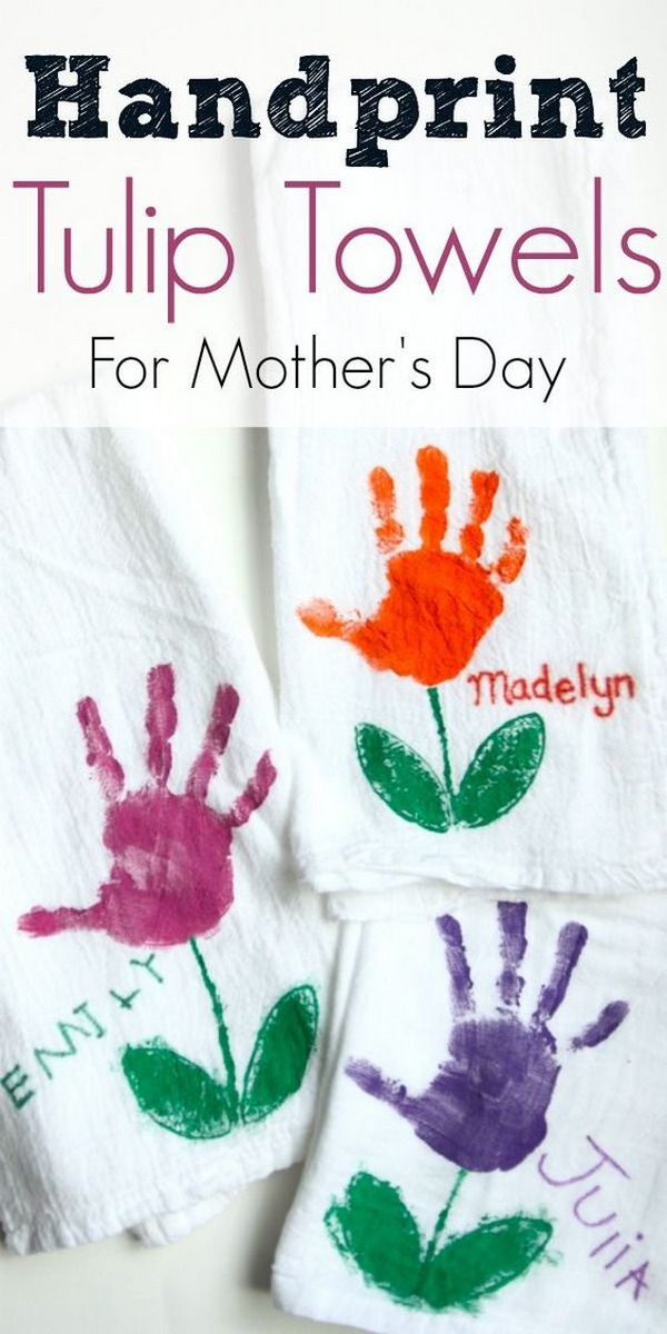Handprint Tulip Towels for Mom. Super easy and inexpensive, yet still adorable and practical gift for kids to make for mother’s day. 